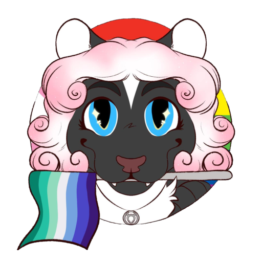 a skunk with pink hair holding a variation of a pride flag in its mouth
